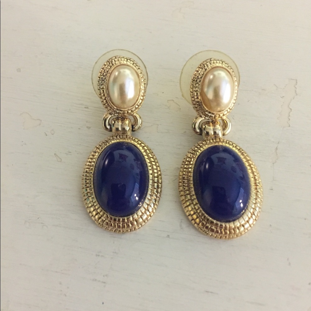 Pearl and navy gold hanging earrings